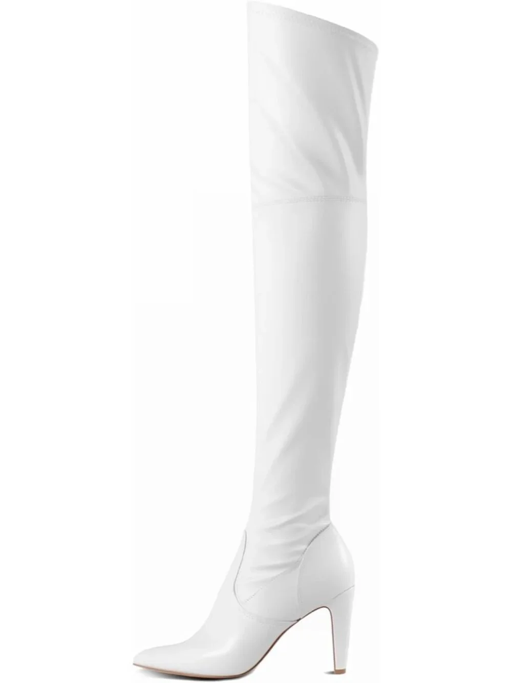 Women's White Pu Pointed Toe High Heels Faux Leather Over The Knee High Boots